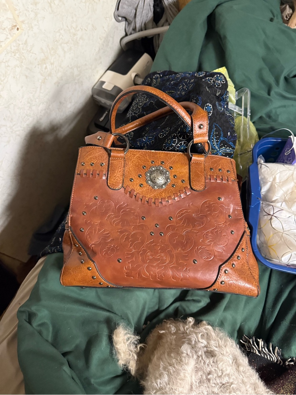 Embossed Floral Leather Satchel Handbag in Tan